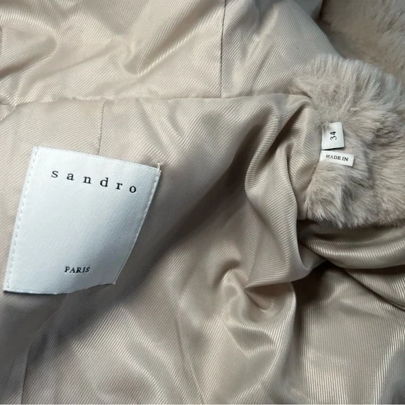 Sandro Paris Women’s Mirage Faux Fur Hooded Coat Sz 34 / XS Beige Jacket EUC - Picture 8 of 11
